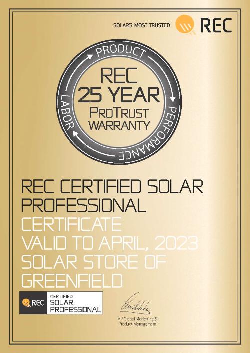 RCSP Certificate 2021 Solar Store of Greenfield